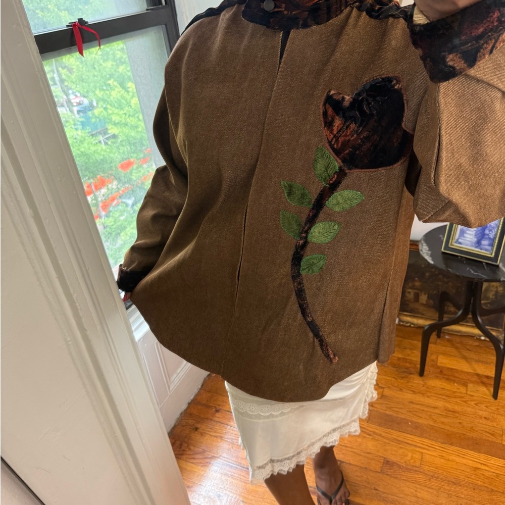 Brown Denim maximalist flower zip up velvet patch work bomber jacket - Picture 10 of 16